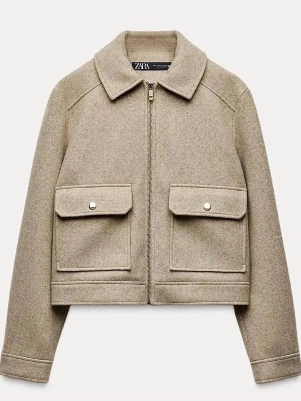 Zara Beige Wool Zip Jacket - Casual Crop Coat size Large - Picture 2 of 12